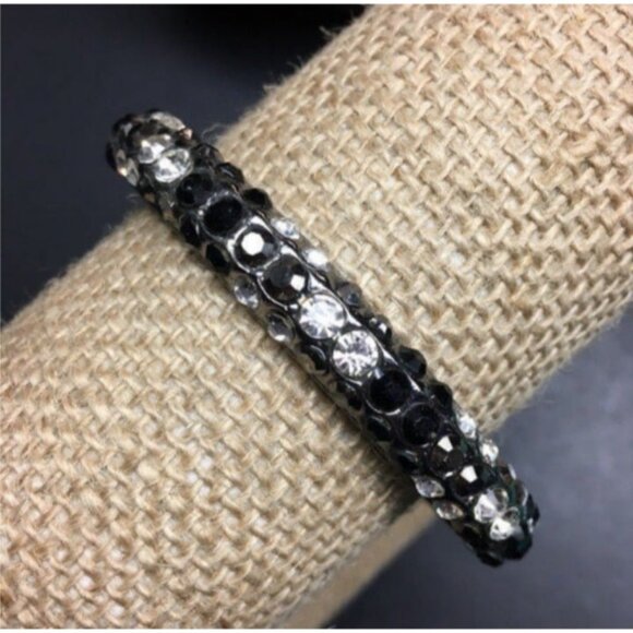 Vintage Jewelry - Rhinestone Bangle Bracelet Black Smoky Grey Gray Clear Silver Bling Glam Retro